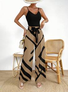 SHEIN LUNE Solid Cami Top & Geo Print Belted Wide Leg Pants - Khaki - View 4