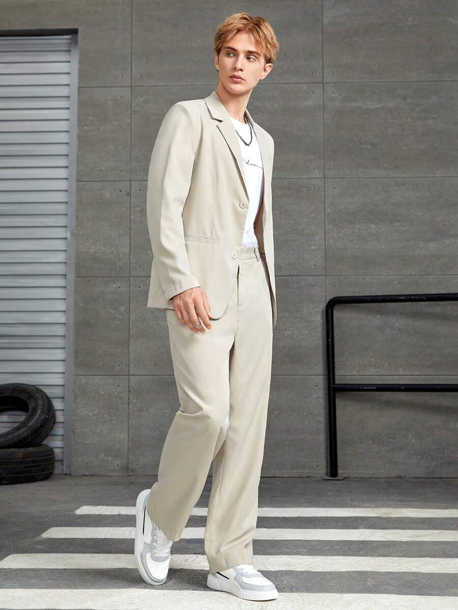 Manfinity Mode Men Solid Single Breasted Blazer & Suit Pants - Khaki - View 1