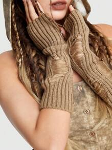 ROMWE Grunge Punk 破洞手套 - 卡其色 - 查看 1