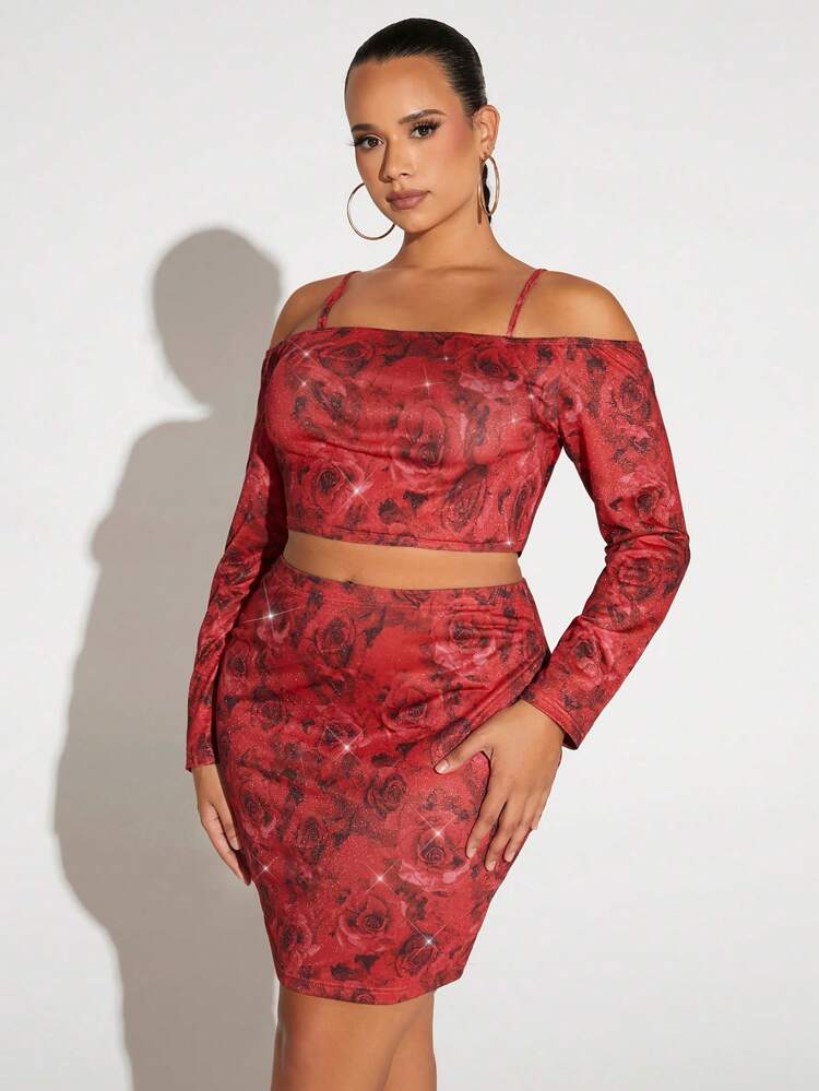 Plus Allover Floral Print Cold Shoulder Crop Top & Bodycon Skirt