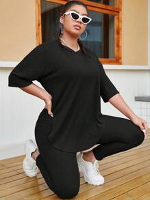 SHEIN EZwear Bộ thời trang Plus Size Gân đan màu trơn Giải trí - màu đen - Xem 1
