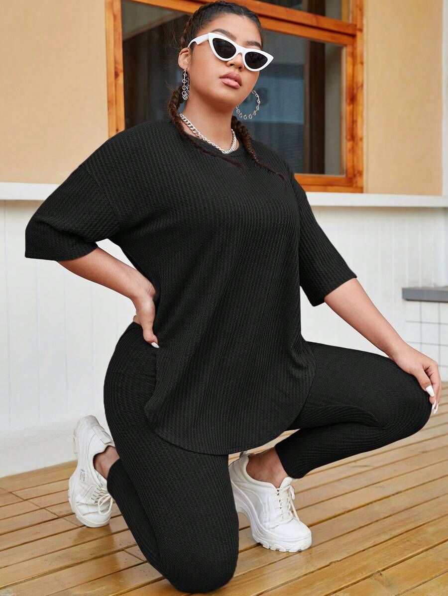 SHEIN EZwear Bộ thời trang Plus Size Gân đan màu trơn Giải trí - màu đen - Xem 1