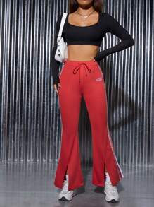SHEIN PETITE Letter Graphic Contrast Tape Side Split Hem Drawstring Waist Flare Leg Sweatpants - Red - View 4