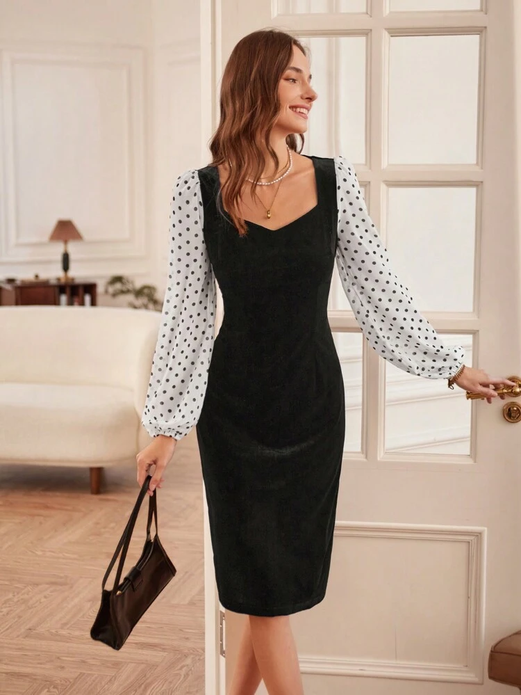 Polka Dot Print Lantern Sleeve Velvet Dress Fall Cloth For Women