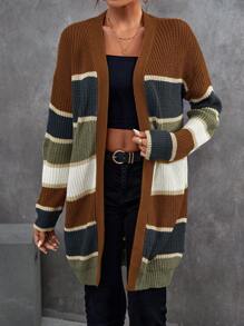 SHEIN LUNE Color Block Drop Shoulder Duster Cardigan - Brown - View 1