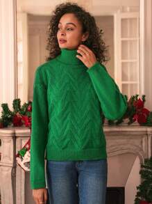 SHEIN Frenchy 素色高領套頭毛衣 - 綠色 - 查看 5