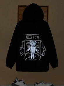 SHEIN 男大童反光熊和字母圖案連帽加絨內裏外套 - 黑色 - 查看 1