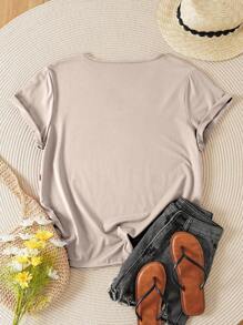 INAWLY Plus Solid V Neck Tee - Champagne - View 2