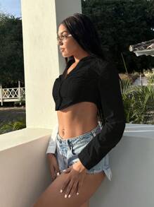 SHEIN SXY Solid Button Front Crop Shirt - Black - View 5