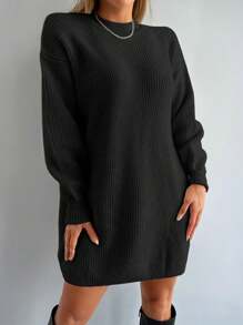 EURMUSE Solid Drop Shoulder Sweater Dress Without Belt - Black - View 4
