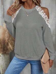 SHEIN LUNE Guipure Lace Appliques Cold Shoulder Sweatshirt - Light Grey - View 6
