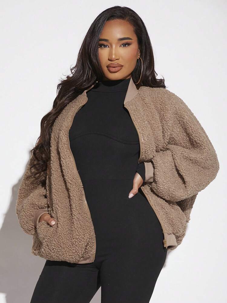 Zip Up Drop Shoulder Teddy Coat