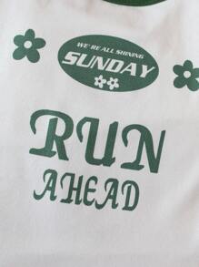 Cô gái 2 Miếng Đồ họa Chữ cái Tương phản ràng buộc tay áo lá sen Áo liền quần chặt - Nhiều màu - Xem 7