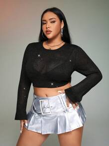 SHEIN ICON Plus Glitter Crop Sweater Without Bra - Black - View 6
