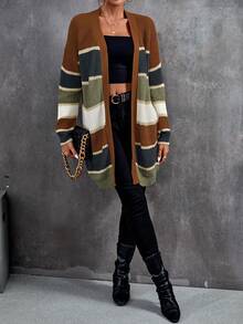 SHEIN LUNE Color Block Drop Shoulder Duster Cardigan - Brown - View 3
