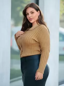 SHEIN Essnce Plus Cardigan Unicolore Côtelé À Bouton - Kaki - Voir 4