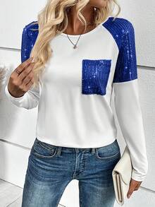 SHEIN LUNE Kontrast paljett Raglan ärm Tee Grafiska T-shirts Dam Toppar - Multifärgad - Visa 3