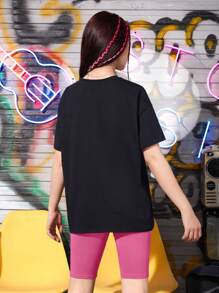 SHEIN 少女卡通圖案落肩 T 恤和機車短褲 - 玫紅色 - 查看 2