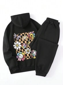 SHEIN EZwear 花卉和棋盤印花袋鼠口袋抽繩保暖襯裡連帽衫和運動褲 - 杏色 - 查看 1