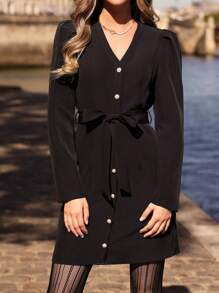 SHEIN Frenchy 素色前紐扣繫腰帶洋裝 - 黑色 - 查看 6