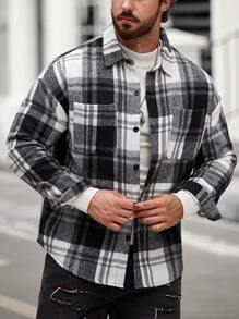 Manfinity 男士格紋雙口袋下墜肩外套 - 黑與白 - 查看 6