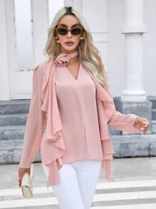 SHEIN Privé Chất rắn Viền Ruffle Viền chia cắt Áo sơ mi - Hồng - Xem 5