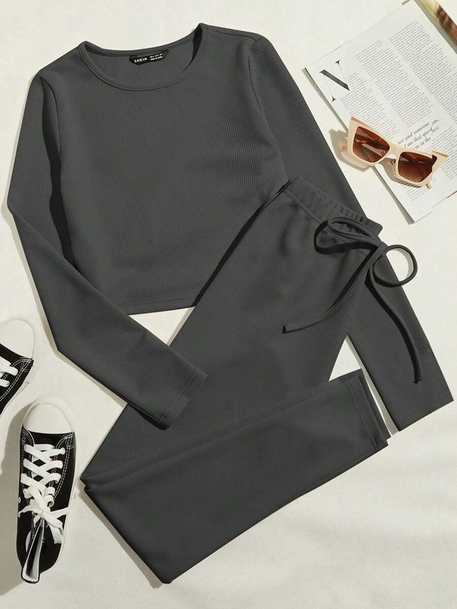 SHEIN EZwear 純色 T 恤和前結打底褲 - 灰色 - 查看 1