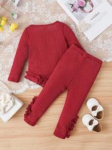 Baby Girl Ruffle Trim Tee & Leggings - Burgundy - View 2