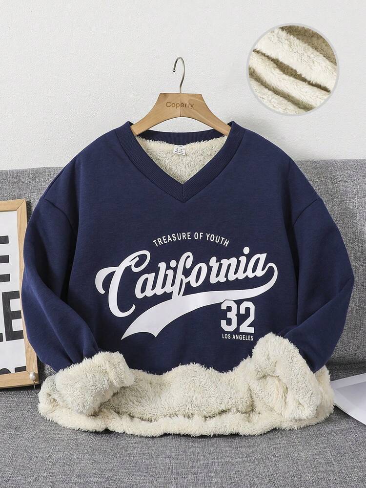 Teen Girl Letter Graphic Thermal Lined Sweatshirt