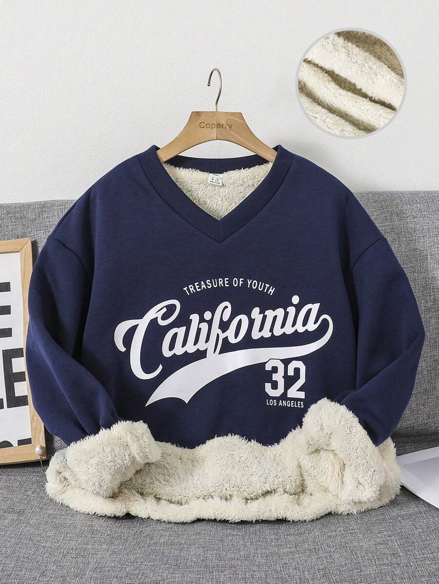 青少年女孩字母圖案保暖襯裡運動衫 - 寶藍色 - 查看 1