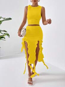 SHEIN Privé 素色背心上衣&荷葉邊不對稱下擺半身裙 - 黃色 - 查看 5