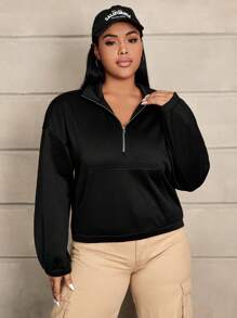 SHEIN EZwear 大碼半拉鏈落肩袖運動衫 - 黑色 - 查看 1