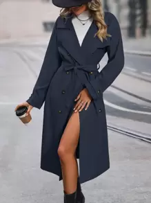 SHEIN Essnce Đôi ngực Thắt lưng Áo khoác Trench - Xanh đậm - Xem 1