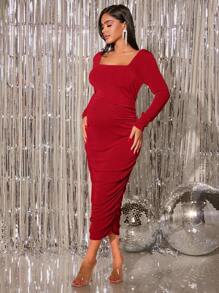 SHEIN Maternity Square Neck Ruched Bodycon Dress - Burgundy - View 3