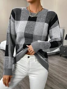 SHEIN LUNE Áo len trễ vai họa tiết kẻ sọc Buffalo - Xám - Xem 4