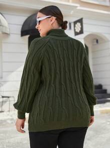 RueChic Plus Turtleneck Raglan Sleeve Cable Knit Sweater - Green - View 2
