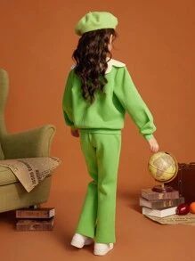 Tween Girl Floral Embroidery Peter Pan Collar Lantern Sleeve Jacket & Flare Leg Pants - Green - View 2