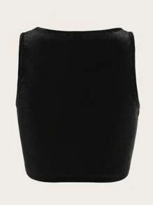 SHEIN ICON Halloween Asymmetrical Hem Velvet Tank Top - Black - View 2