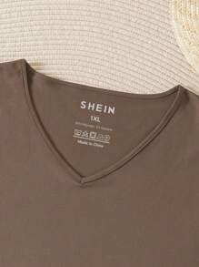INAWLY Plus Solid V Neck Tee - Mocha Brown - View 5