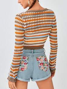 Soleia 條紋圖案&幾何圖案前繫帶短款開衫 - 彩色 - 查看 2