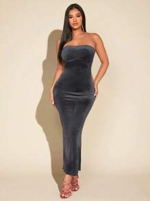 SHEIN X GiudiceGirls Split Thigh Velvet Tube Bodycon Dress - Grey - View 4