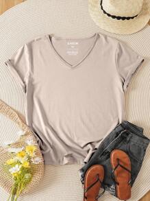 INAWLY Plus Solid V Neck Tee - Champagne - View 1