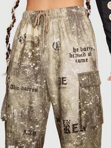 ROMWE Grunge Punk Slogan Graphic Flap Pocket Side Drawstring Waist Cargo Sweatpants - Coffee Brown - View 5