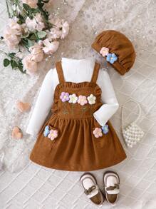 Baby Girl Mock Neck Tee & Floral Embroidery Overall Dress & Hat - Brown - View 1
