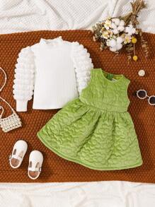 SHEIN 女嬰小高領燈籠袖 T 恤和洋裝 - 綠色 - 查看 3