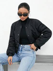 SHEIN Essnce Casual Plain Color Short Padded Padded Coat, Winter Clothes - Black - View 5