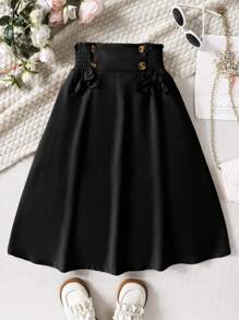 SHEIN Girls' Bowknot Flared Skirt, Sweet & Elegant, High Waist Design, Bowknot Decor, Flared Hem, Soft & Breathable