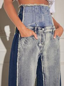 Denimoi Jeans de pierna ancha con cintura alta, bolsillos sesgados y bloques de color apilados - Azul - Ver 6