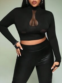 SHEIN ICON 大碼網紗拼接小高領短款T恤 - 黑色 - 查看 4