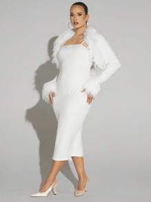 SHEIN X GiudiceGirls Plus Fuzzy Trim Cami Bodycon Dress & Open Front Jacket - White - View 5
